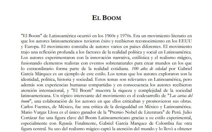 The anthology’s opening page, headed “El Boom”, with an essay in Spanish on the Latin American literary movement of the 1960s and 70s.